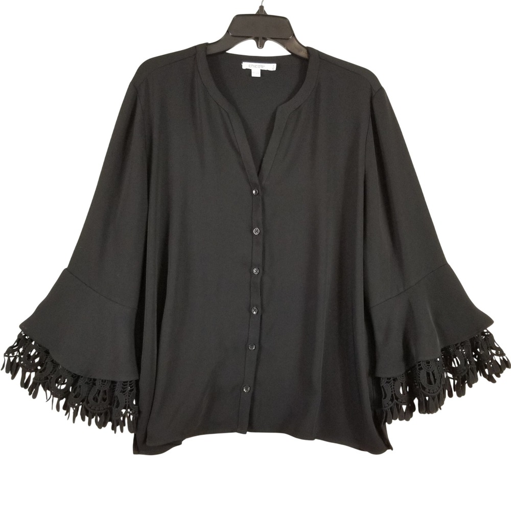 Chicos Black Bell Sleeve Button Front Blouse Crochet Lace Trim Fringe Sz 3 L/XL